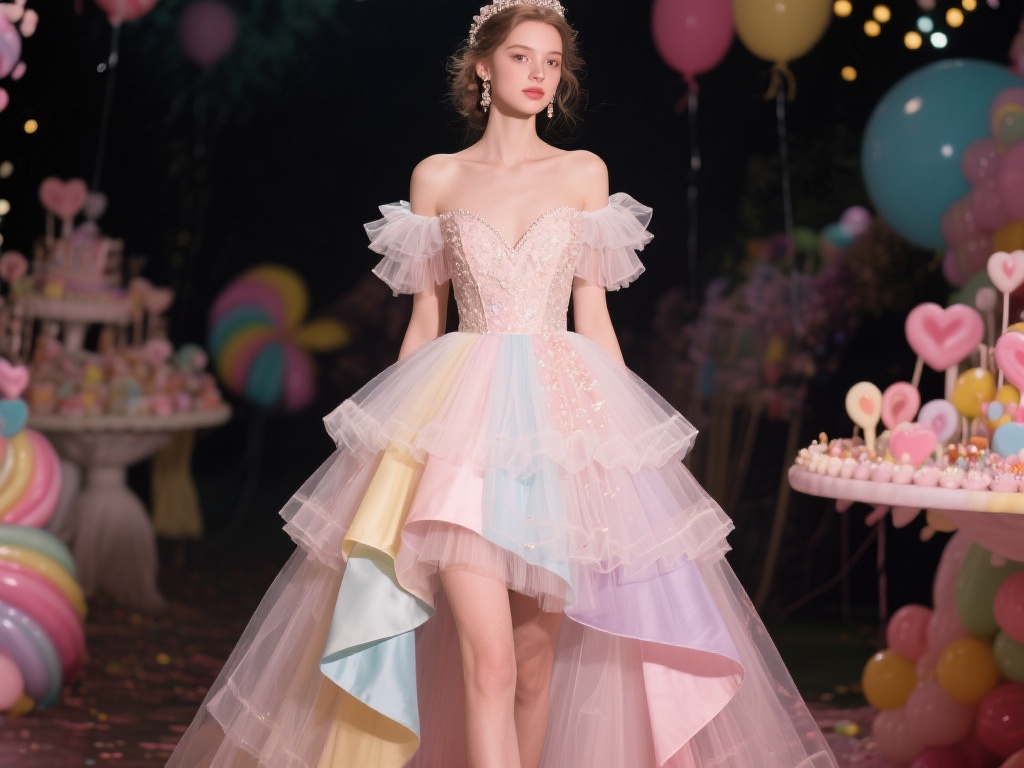 糖果派对礼服的剪裁设计常以公主风的轮廓为主，纤腰蓬