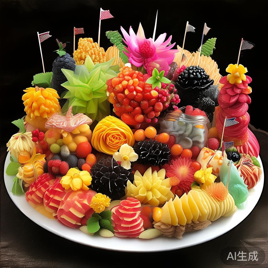 为了让水果盛宴更具吸引力，可以采用多种创意摆盘方式