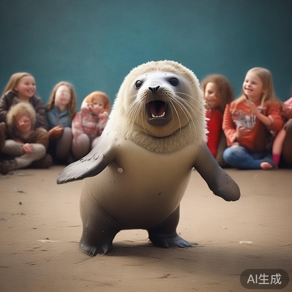 甜蜜甜蜜的糖果派对上可爱海豹的精彩瞬间大集合 滑稽的表演:一只毛茸茸的海豹模仿人类的动作,用圆滚